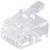 Connecteurs réseau en plastique transparent, souvent appelés fiches RJ45, utilisés pour connecter les câbles Ethernet dans les réseaux informatiques.