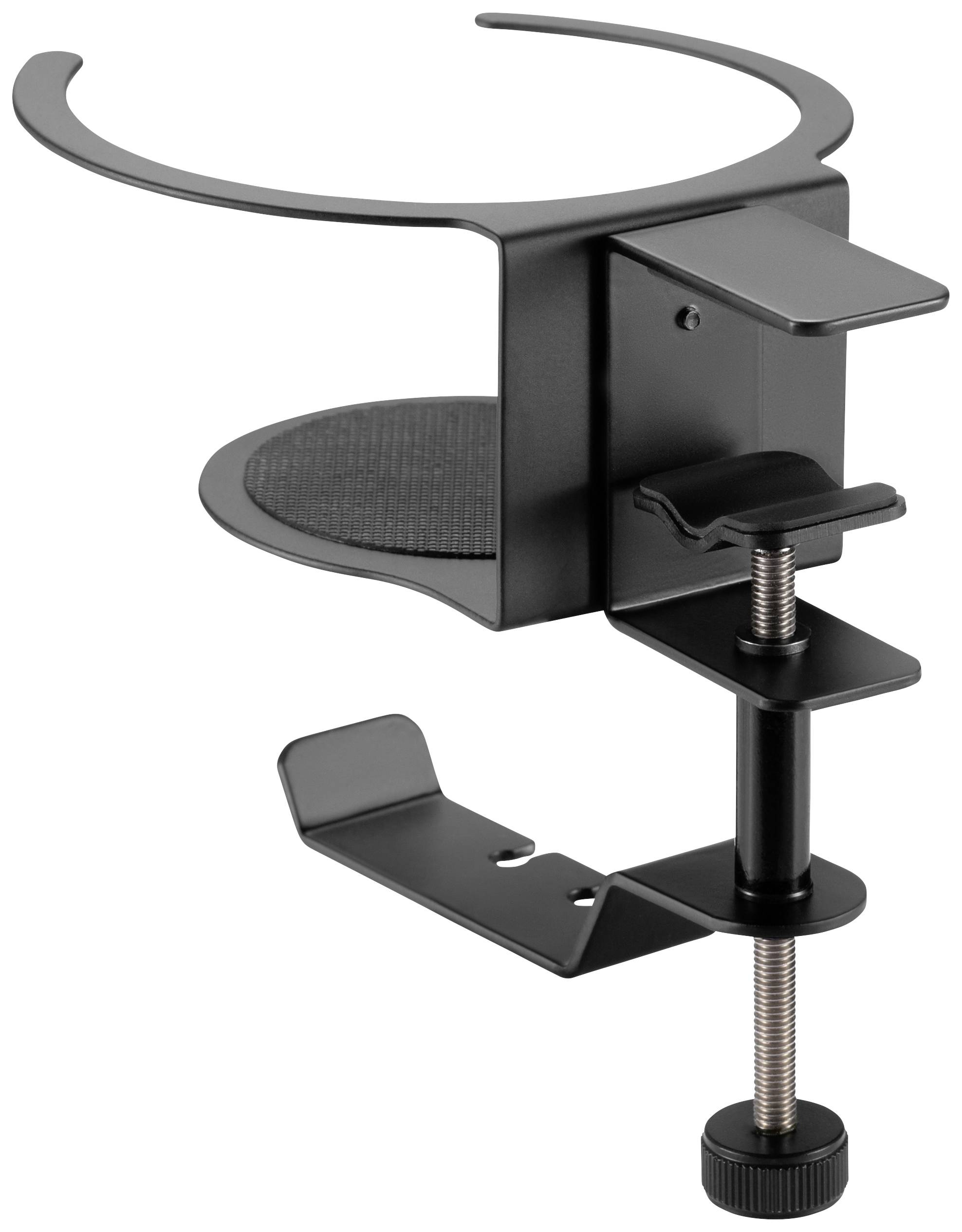 Porte-gobelet noir fixé à la table, avec ouverture circulaire et pince pour fixation sur les bords de table, adapté aux bureaux.