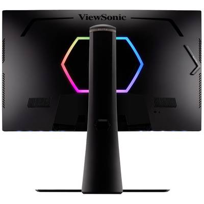 Un moniteur vu de dos avec un éclairage RVB hexagonal et le logo 'ViewSonic' en haut du boîtier.