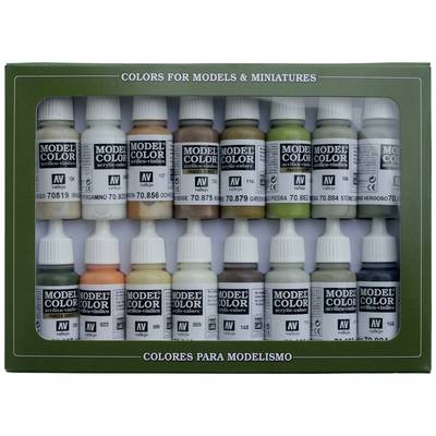 Une boîte contenant 16 flacons de peinture acrylique pour modèles et figurines, avec différentes nuances de couleurs, portant l'inscription « Colors for Models & Miniatures ».