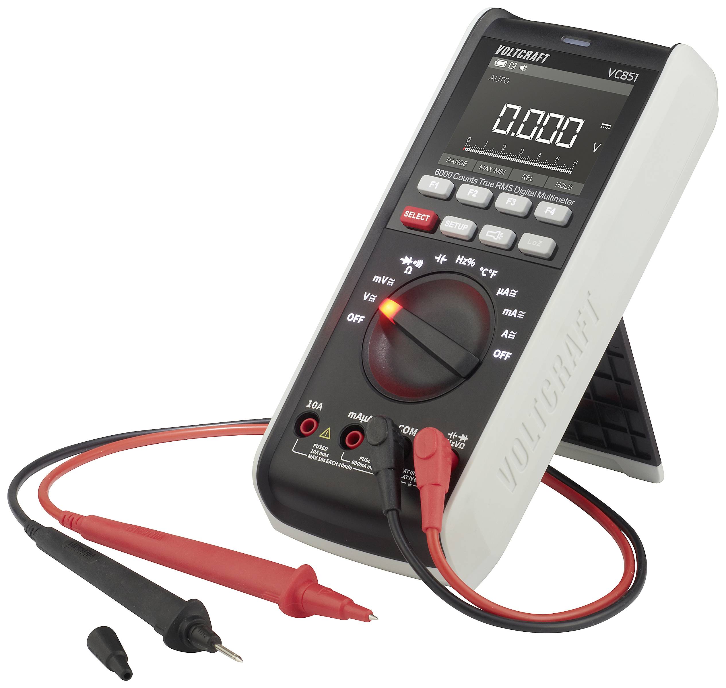 Multimètre numérique avec affichage indiquant '0.000', sondes rouge et noire à l'avant, adapté pour les mesures électriques.