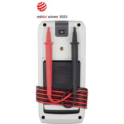 Dos d'un multimètre avec des sondes enroulées. En haut, le logo 'reddot winner 2023'.