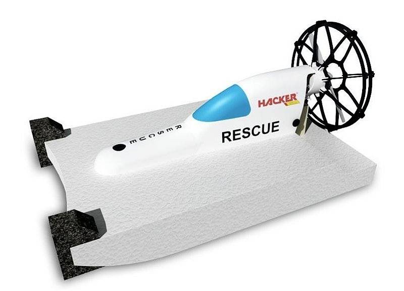 L'image montre un modèle de véhicule de sauvetage à propulsion d'hélice, sur une plateforme blanche, portant les inscriptions 'RESCUE' et 'HACKER'.
