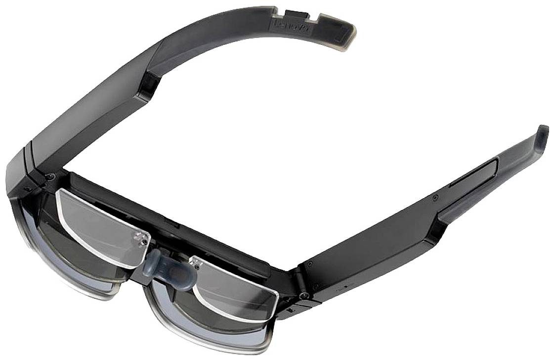 Lunettes à monture noire et verres transparents, ayant un aspect futuriste ou technologique.