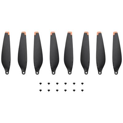 Hélices marquées en noir et rouge disposées en deux rangées, avec de petites vis en dessous. Pièces de rechange pour un drone.
