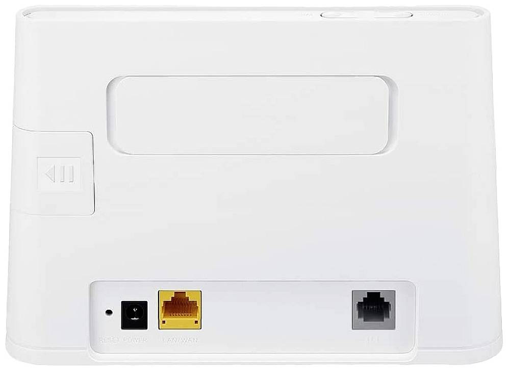 Dos d'un appareil blanc rectangulaire avec des connexions : prise d'alimentation, port Ethernet jaune et prise téléphonique grise.