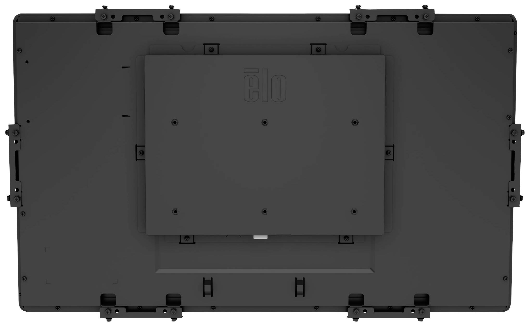 Dos d'un moniteur noir avec une plaque de montage centrale, plusieurs connexions à vis et supports.