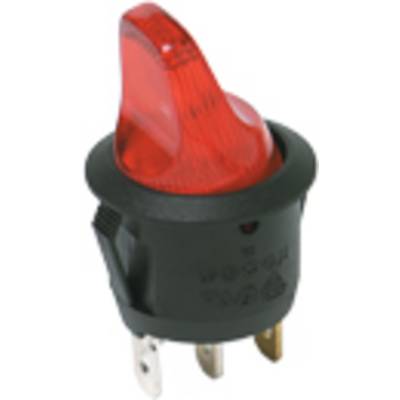 Un interrupteur à bascule rouge avec trois bornes métalliques et un boîtier noir, adapté pour commander des appareils électriques ou des circuits.