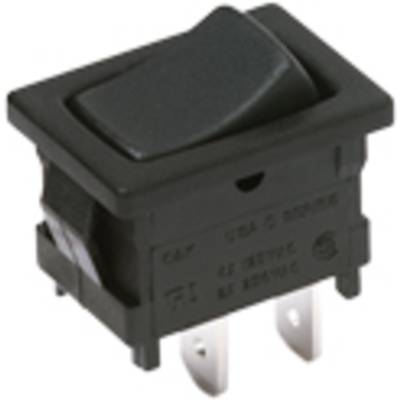Un interrupteur à bascule noir avec trois contacts métalliques. L'interrupteur est adapté au montage dans des appareils électriques et se déplace horizontalement.