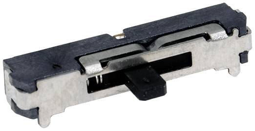 Un interrupteur à glissière en métal et en plastique, orienté horizontalement. Il est fréquemment utilisé dans les appareils électroniques.