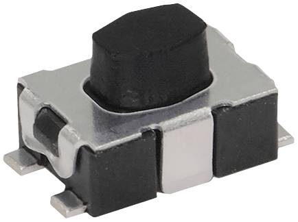 Un bouton-poussoir noir rectangulaire avec un cadre métallique et quatre bornes de soudure, adapté aux applications électroniques.