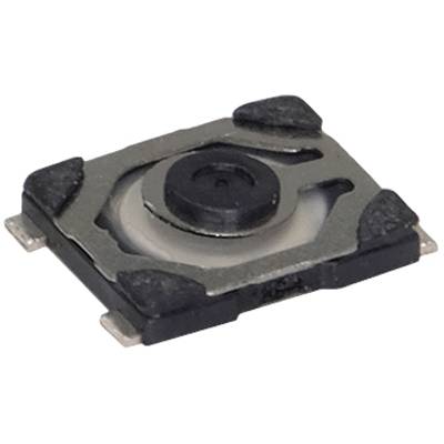 Un bouton-poussoir rectangulaire miniature avec un cadre métallique et un bouton noir, adapté au montage sur circuit imprimé dans les appareils électroniques.