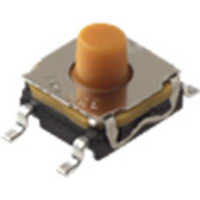 Un bouton-poussoir orange avec un boîtier carré en métal et quatre pattes de connexion. Adapté pour les circuits électroniques.