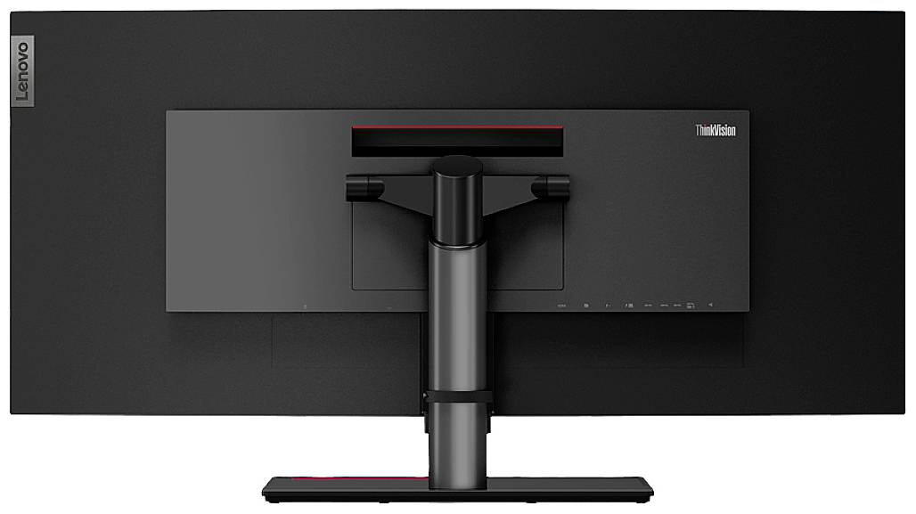 Un moniteur Lenovo noir vu de dos, montrant son support et ses possibilités de connexion.