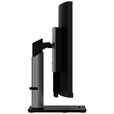 Un moniteur noir vu de côté, monté sur un support ergonomique. Le support permet l'ajustement de la hauteur et la rotation de l'écran.