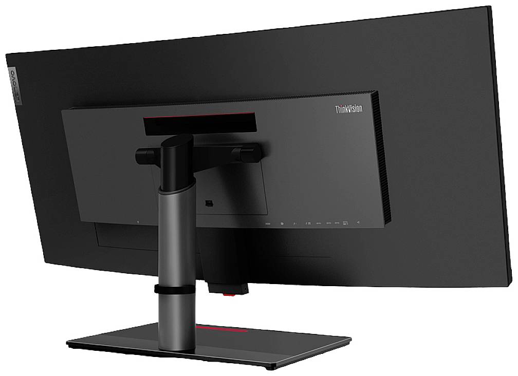Vue arrière d'un écran d'ordinateur noir sur un support stable, présenté sur un fond blanc.