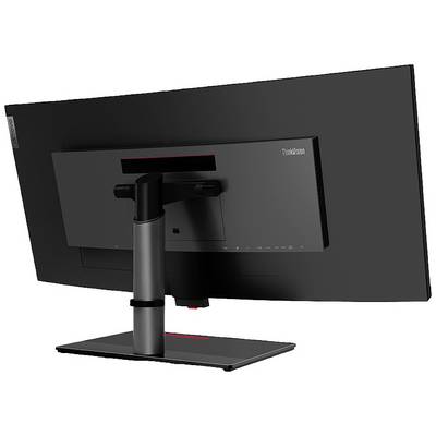 Vue arrière d'un écran d'ordinateur noir sur un support stable, présenté sur un fond blanc.