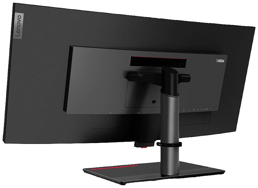 Vue arrière d'un moniteur d'ordinateur noir Lenovo, monté sur un socle avec un bras réglable.