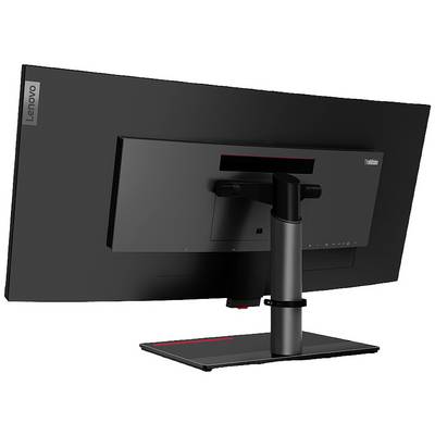 Vue arrière d'un moniteur d'ordinateur noir Lenovo, monté sur un socle avec un bras réglable.