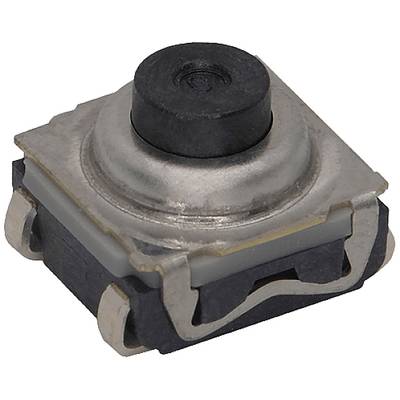 Un petit bouton-poussoir carré avec un bouton-pressoir rond et en relief, en métal et en plastique, utilisé dans des appareils électroniques.