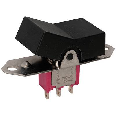 'Un interrupteur à bascule avec levier noir et contacts rouges. Marqué 2A 250VAC, 5A 120VAC pour circuits électriques.'