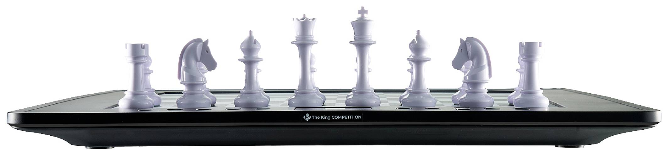 Échiquier électronique avec des pièces d'échecs blanches en position de départ sur un plateau noir.