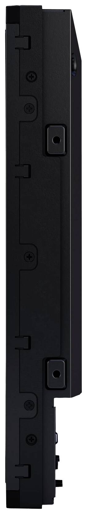 Vue latérale d'un ordinateur portable noir fermé, montrant ses bords, ses charnières et quelques emplacements de connexion visibles.