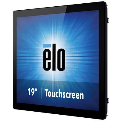 Écran tactile Elo de 19 pouces, affichant un fond bleu lumineux avec le logo Elo au centre.