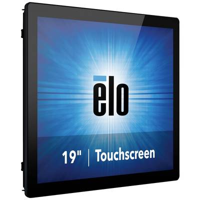 Un écran tactile de 19 pouces avec le logo 'Elo' sur un fond bleu rayonnant.