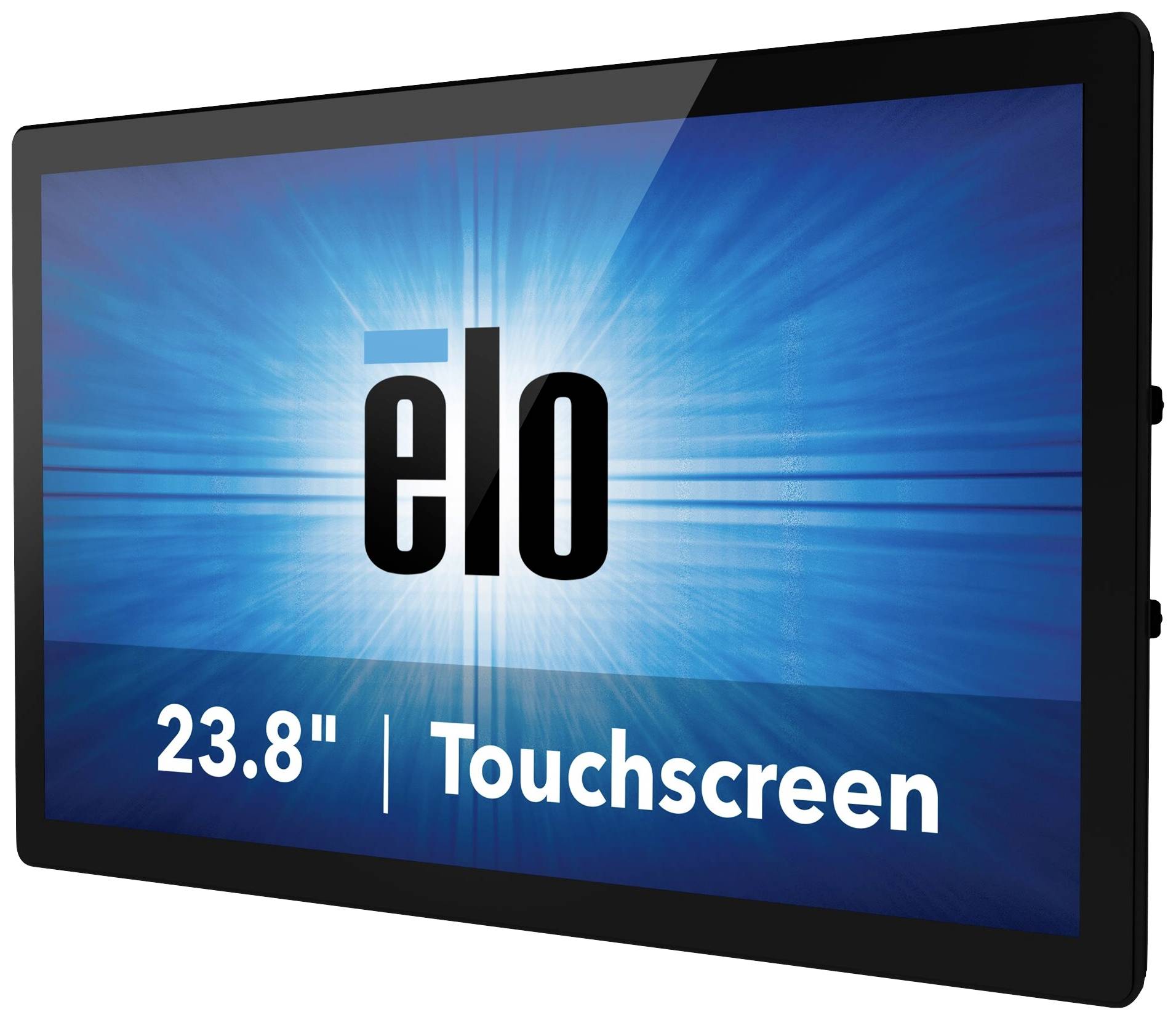 Écran tactile Elo de 23,8" en écriture bleue sur fond noir ; design moderne.