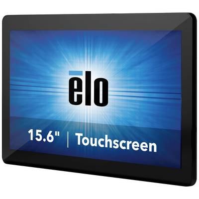 Un écran tactile Elo de 15,6 pouces, avec un arrière-plan bleu. Le logo 'elo' est centré à l'écran.