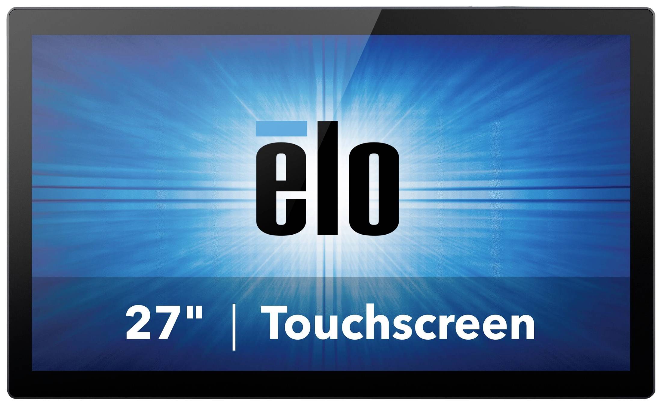 Un écran tactile Elo de 27 pouces avec un fond bleu et le mot 'elo' au centre de l'écran.