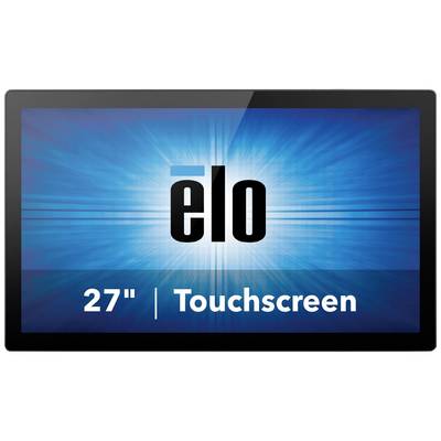 Un écran tactile Elo de 27 pouces avec un fond bleu et le mot 'elo' au centre de l'écran.