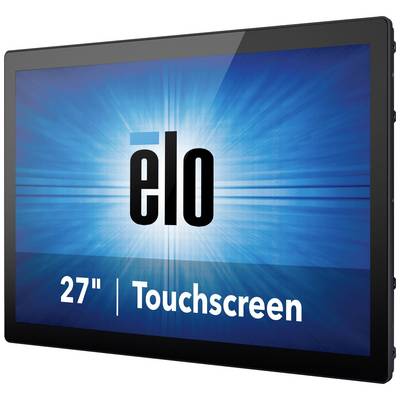 Écran tactile de 27 pouces avec un arrière-plan bleu et le logo 'elo' au centre.