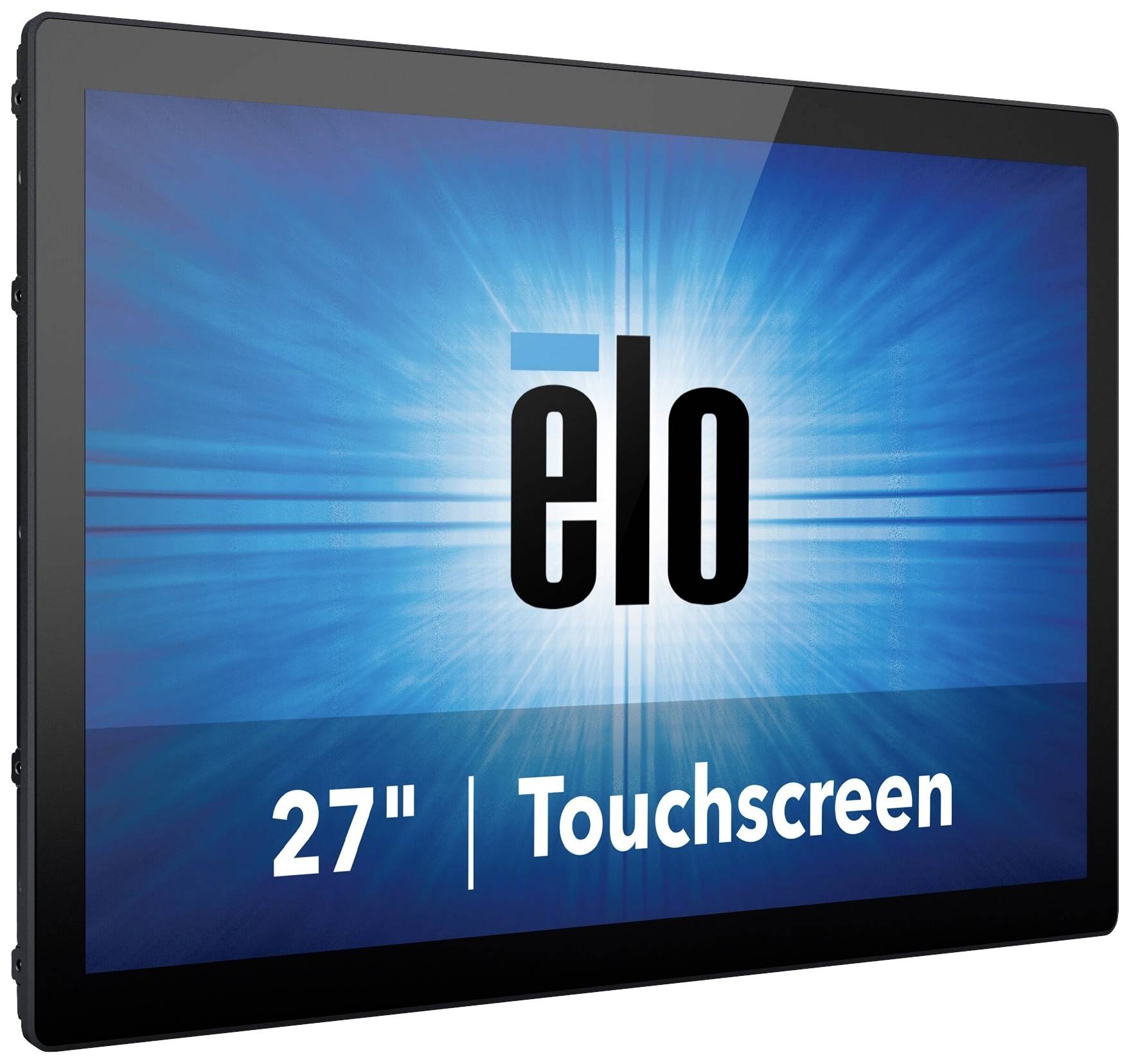 Un écran tactile de 27 pouces avec le logo 'elo' sur un fond bleu.