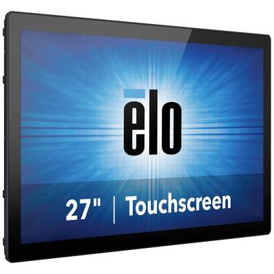 Un écran tactile de 27 pouces avec le logo 'elo' sur un fond bleu.
