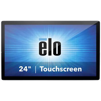 Image d'un écran tactile de 24 pouces de la marque 'Elo' sur un fond bleu avec des inscriptions blanches.