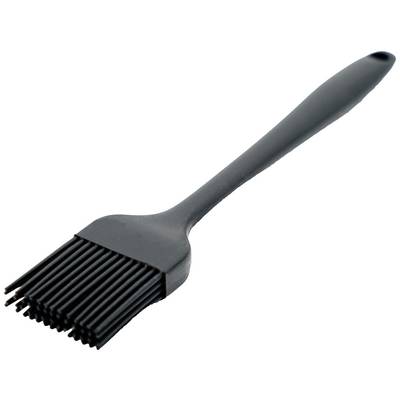 Un pinceau de cuisine noir avec des poils longs et une poignée ergonomique, adapté pour badigeonner des aliments.