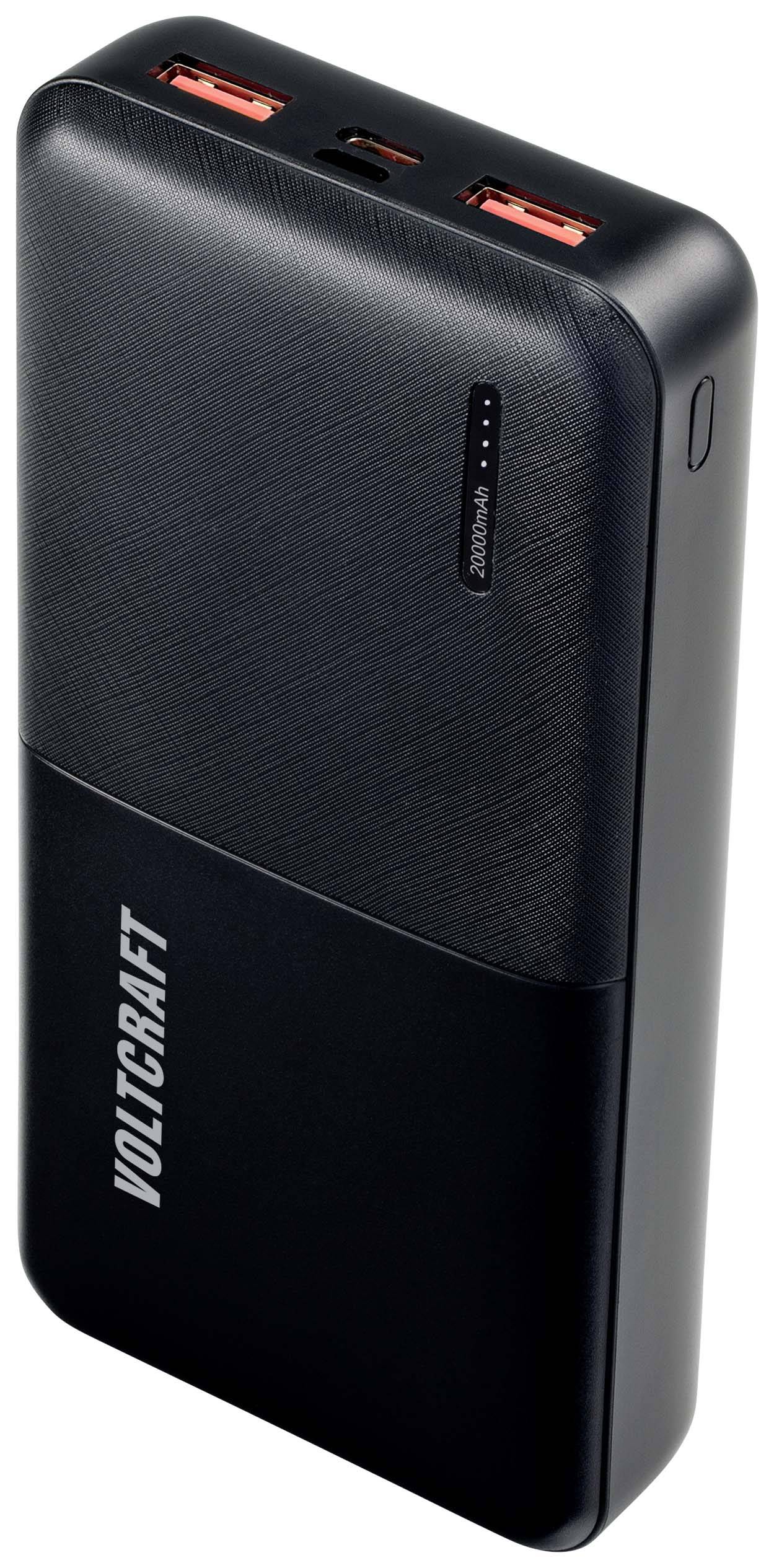 Une batterie externe noire avec deux ports USB et un indicateur LED de charge, de la marque 'Voltcraft'. Parfaite pour charger des appareils en déplacement.