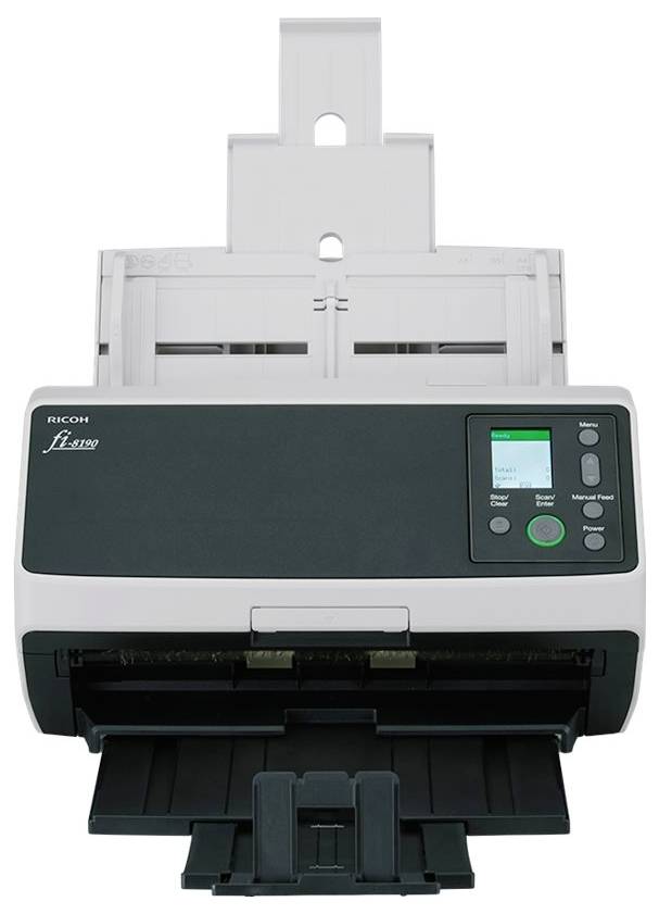 Un scanner de documents noir et blanc avec un écran LCD et des boutons de commande sur le côté droit. Des bacs d'alimentation en papier s'étendent à l'arrière et à l'avant.