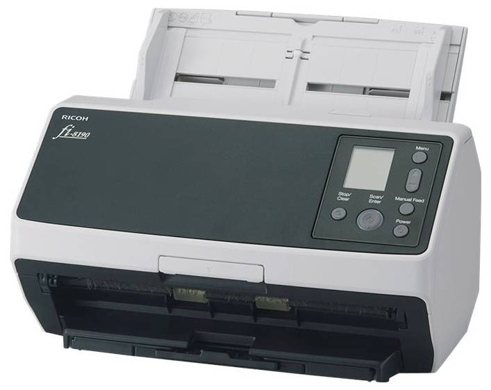 Un scanneur de bureau Ricoh avec boutons de contrôle, écran d'affichage et chargeur de documents, conçu pour numériser efficacement les documents papier.