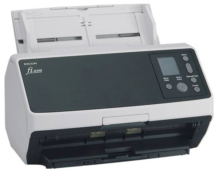 Scanner de documents 'Ricoh fi-8190' avec panneau de contrôle et bac d'alimentation papier.