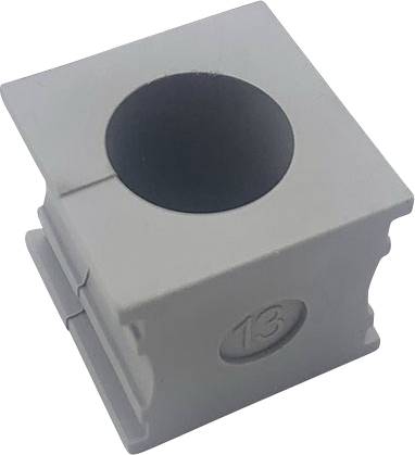 Un bloc en plastique gris, carré, avec une large ouverture ronde en son centre et le chiffre '13' gravé sur le côté.