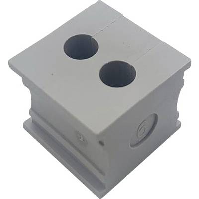 Bloc gris en plastique de forme carrée, percé de deux trous ronds sur sa face supérieure. Probablement un composant d'un système d'assemblage.