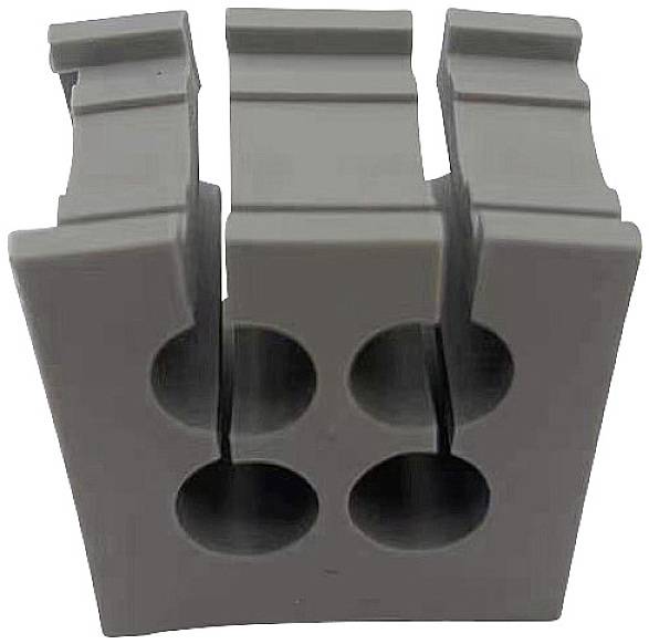 Clip triple en plastique avec quatre trous ronds, adapté pour la fixation ou l'organisation de câbles ou de tuyaux.