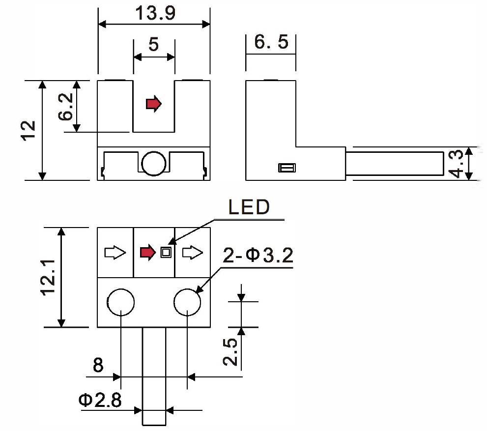Dessin technique d'un composant électronique avec dimensions. Des flèches indiquent les directions et les positions de la LED. Unités de mesure en millimètres.