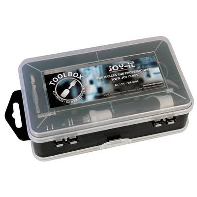 Coffret à outils pour makers et professionnels de Joy-IT, référence 'NO-WE-0001', contenant divers outils, couvercle transparent.