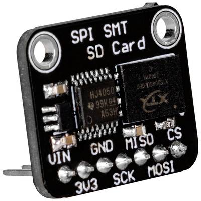 Petit module noir portant l'inscription 'SPI SMT SD Card'. Connexions visibles : VIN, GND, MISO, CS, 3V3, SCK, MOSI.