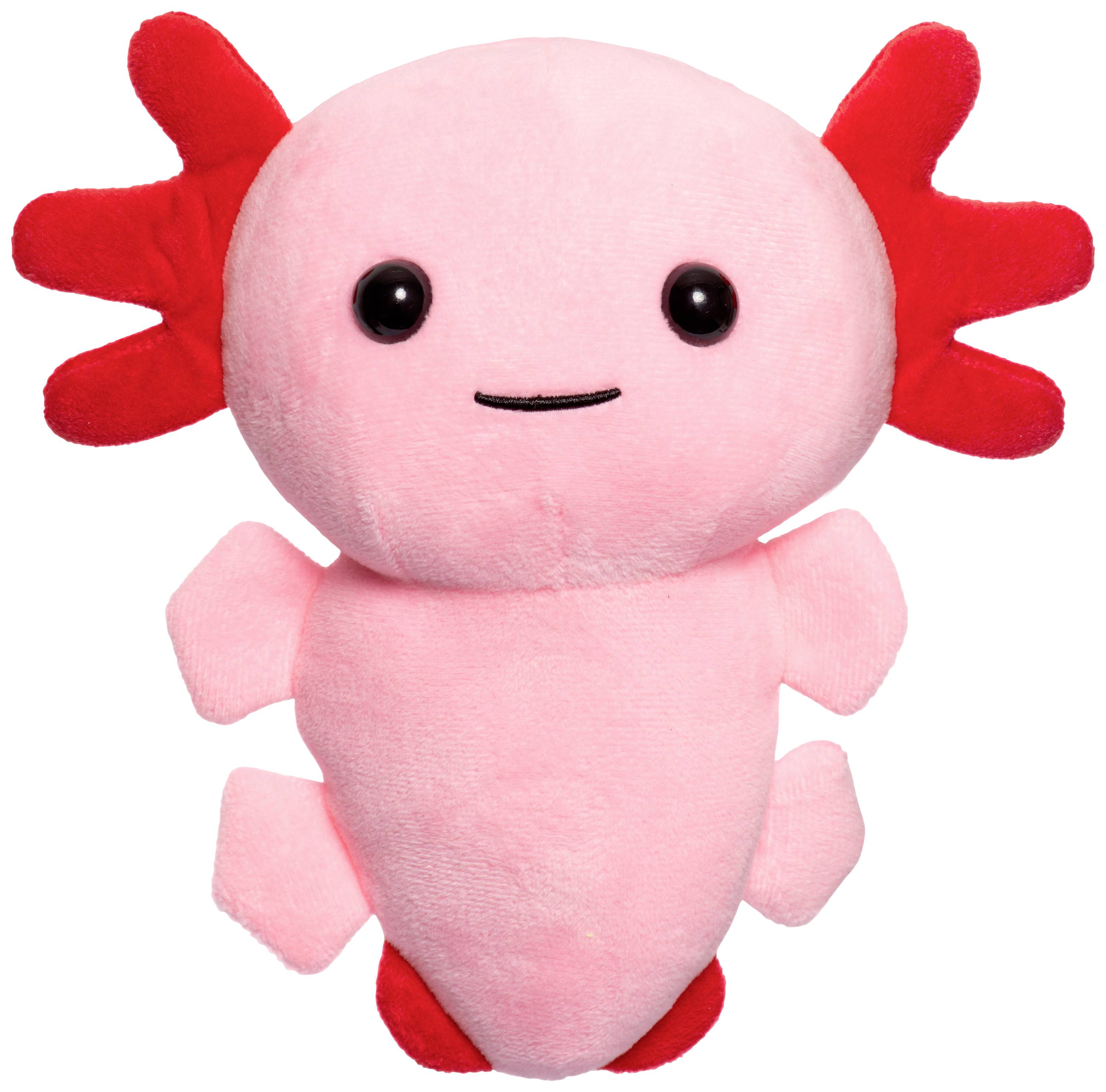 Un axolotl en peluche rose avec des branchies rouges et des yeux noirs, souriant amicalement.