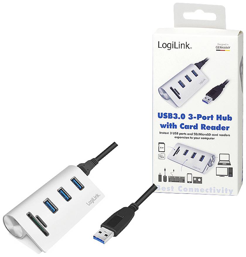 Hub USB 3.0 avec 3 ports et lecteur de carte de LogiLink. Comprend un câble et un emballage avec des informations sur le produit et des images.